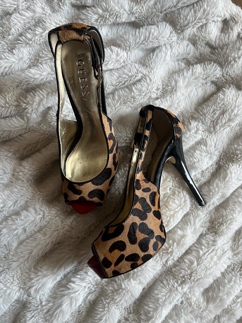 GUESS Leopard-Print Peep-Toe Slingback Heels with Red Accent